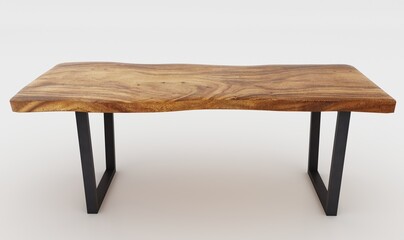 Wooden lacquered table with black metal legs on white background. Modern live edge elm slab coffee table with inner knot in bizarre pattern shape and tree table. 3d rendering.