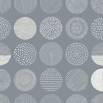 Hand drawn black, white circle seamless pattern. Doodle style abstracrt textured scribble, stripped, dot circle element pattern. Monochrome background. Vector illustration
