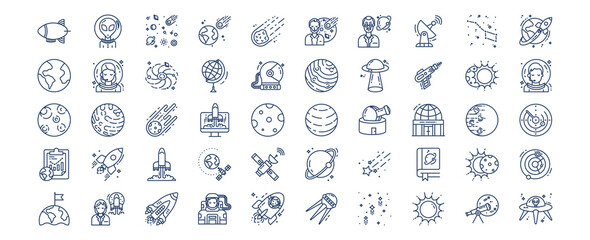 Collection of icons related to Space, including icons like Alien, Asteroid, physicist, Galaxy and more. vector illustrations, Pixel Perfect set © Icongeek26