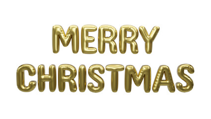 Merry Christmas Text for Christmas and New Year festival Metallic gold foil balloons. 3D render Golden Helium balloons.