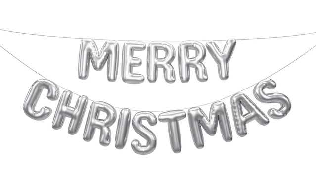 Merry Christmas Text for Christmas and New Year festival Metallic gold foil balloons. 3D render Silver Platinum Helium balloons.