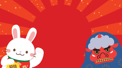 お正月の背景イラスト　卯年　うさぎと獅子舞　日の出背景　16:9