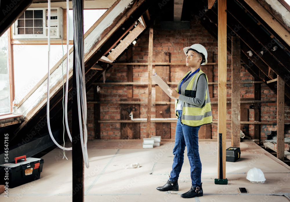Poster construction, building and engineer with a black woman architect planning a development project on a