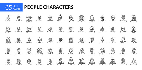 Fototapeta na wymiar 65 line art people character and user avatar icons. Pixel perfect, editable stroke