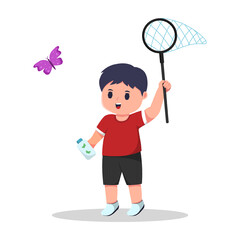 Cute Little Boy Chasing Butterflies Cartoon Vector Illustration