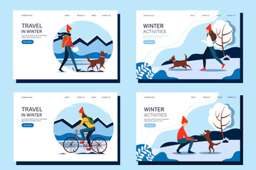 Set of winter activity web banners. The concept of an active and healthy lifestyle.