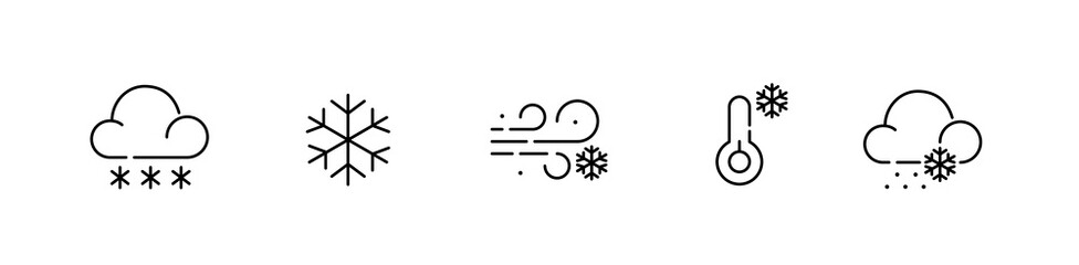 Set of winter weather icons. Snow, cold temperature and wind. Pixel perfect, editable stroke