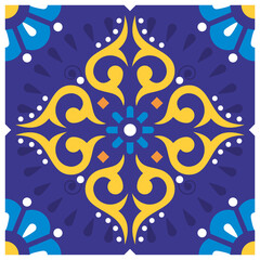Mexican style floral vibrant tiles design, single and seamless vector background with flowers and swirls inspired by folk art from Mexico
