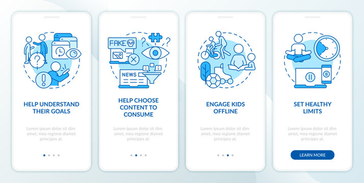 Stop doomsurfing tip for parents blue onboarding mobile app screen. Walkthrough 4 steps editable graphic instructions with linear concepts. UI, UX, GUI template. Myriad Pro-Bold, Regular fonts used