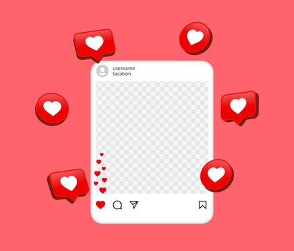 instagram mockup social media template frame, instagram feed web post mock up, 3d love like heart in speech bubble, instagram post background social media notification icons like, comment, share icon