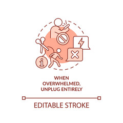 Unplug when feeling overwhelmed red concept icon. Calm content anxiety abstract idea thin line illustration. Isolated outline drawing. Editable stroke. Arial, Myriad Pro-Bold fonts used