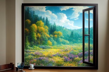 Fototapeta premium 3d wallpaper window landscape nature
