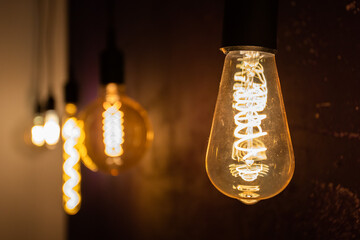 Edison lamps different shapes in retro style in the interior, vintage style decor for cafe and bar