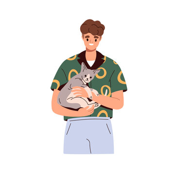 Man holding cute cat in hands. Happy pet owner with adorable funny kitty in arms. Person caring about lovely sweet feline animal, kitten. Flat vector illustration isolated on white background