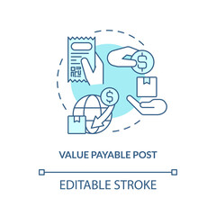 Value payable post turquoise concept icon. Pay after receiving. Cash on delivery abstract idea thin line illustration. Isolated outline drawing. Editable stroke. Arial, Myriad Pro-Bold fonts used