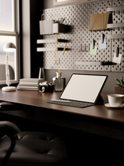 close-up, Modern urban loft workspace with tablet white screen mockup decor and black wall.