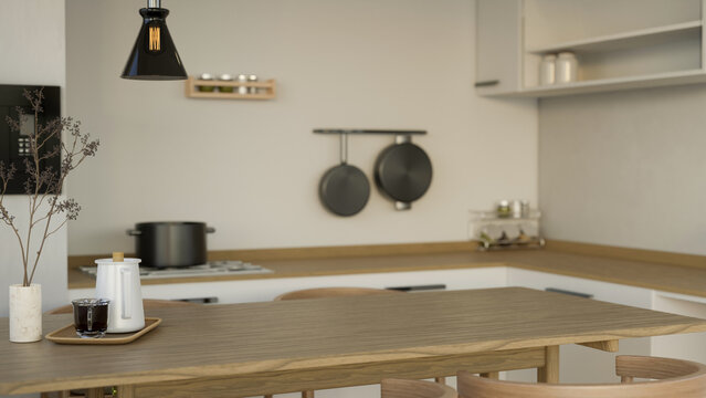 Copy space on minimal wooden dining table in the minimal white and wood kitchen interior style.