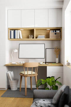 Minimal nordic Scandinavian working space interior with computer on wood table, white wall.