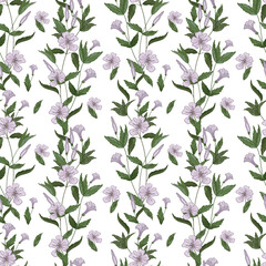 Vector botanical seamless pattern of flowers, leaves, branches of blooming plants. Field herbs.