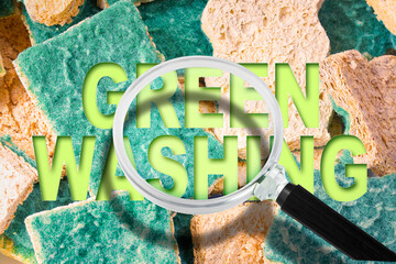 Alert to Greenwashing and fake image of ecological responsibility - concept with text against an...
