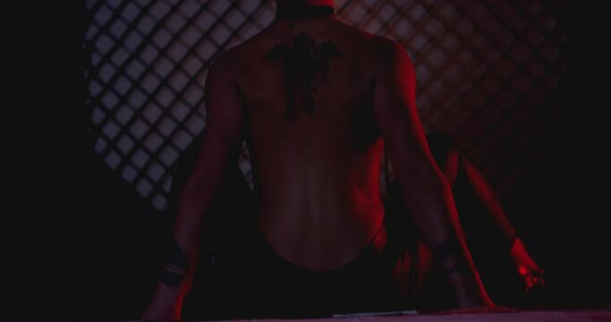 Back rear view of beautiful sexy woman dancing , laying and posing inside dark place . Sensual scene of female model doing different sexy movements . Female model with red hair dressed leather pants