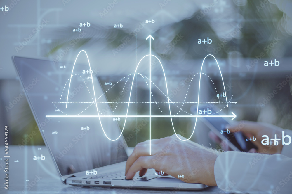 Poster businessman hands using cellphone and laptop keyboard at desktop with abstract glowing mathematical formula graph on blurry background. Equation, digital data and mathematics app concept. 
