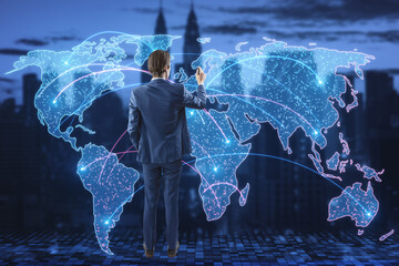 Back view of young european man using glowing map and connections on blurry night city background. Global network and digital world concept.