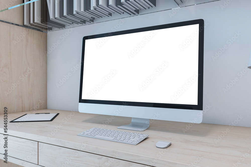 Poster Close up of designer table with empty computer screen, bookshelves, supplies and light wall background. Mock up, 3D Rendering.