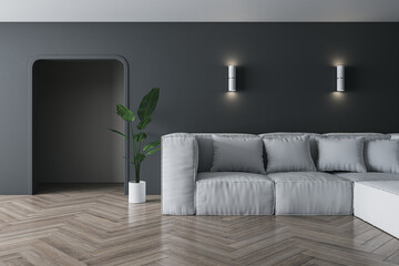 Modern concrete living room interior with wooden parquet flooring, couch, arch door, decorative plant and lights. Design and decor concept 3D Rendering.