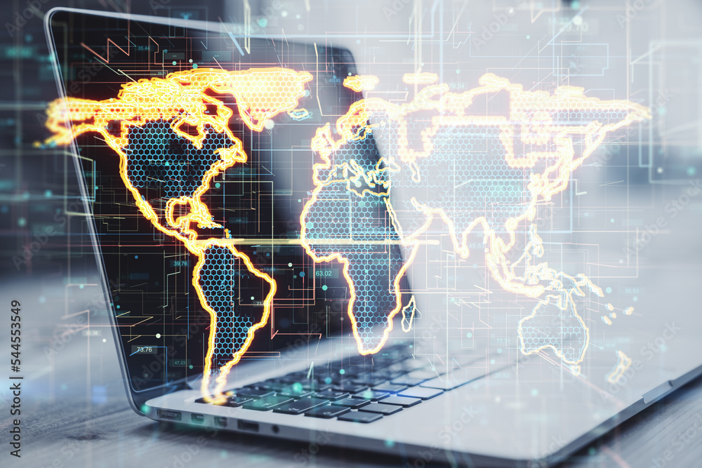 Aufkleber global innovation concept with digital technological hexagon world map on laptop background, double 
