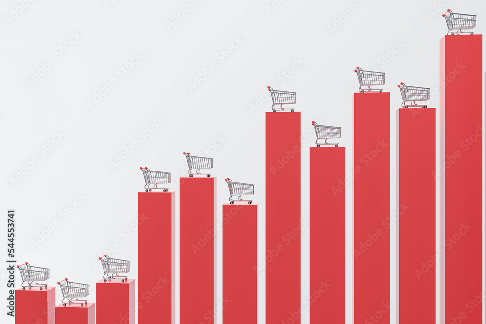 Poster Abstract red business graph with shopping carts on white background. Online shopping increase concept. 3D Rendering.