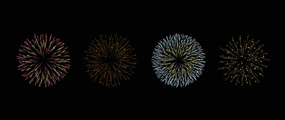 Set of new year firework vector illustration. Realistic collection of bright glow fireworks on black background. Art design suitable for decoration, print, poster, banner, wallpaper, card, cover. 