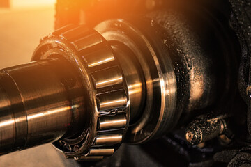 Lubricated roller bearing. Truck suspension repair part. Close-up. Background.. - obrazy, fototapety, plakaty