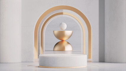 Background for cosmetic product branding with abstract golden sculpture and white marble product podium. 3d rendering illustration.
