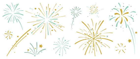 Set of new year firework vector illustration. Collection of golden, light green, grey fireworks on white background. Art design suitable for decoration, print, poster, banner, wallpaper, card, cover.  - obrazy, fototapety, plakaty