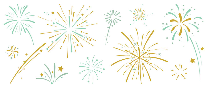 Set of new year firework vector illustration. Collection of golden, light green, grey fireworks on white background. Art design suitable for decoration, print, poster, banner, wallpaper, card, cover. 