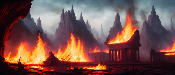 Artistic concept illustration of a old ancient city in flame, background illustration.