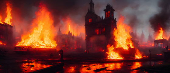 Artistic concept illustration of a old ancient city in flame, background illustration.