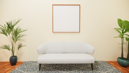 Poster frame in living room with white sofa. 3d rendering