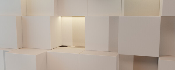 Randomly placed cream colored boxes, serving as product placement advertising template. Large size, lit areas.