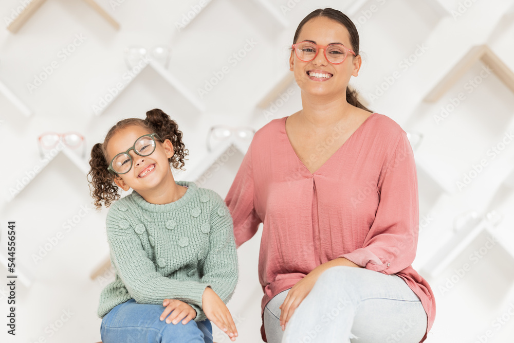 Poster Family, eye care and glasses on mother and child in optics store for shopping, optometry and health care while advertising lens or frame choice. Portrait of woman and girl happy with vision insurance