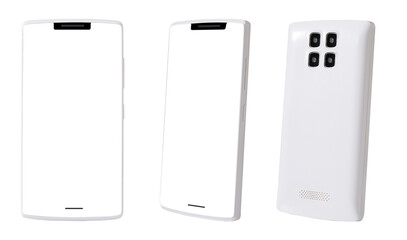 white blank screen android phone isolated on white front and back view