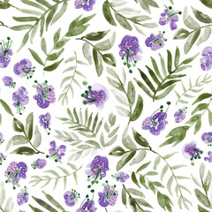 Floral in purple and sage. Seamless watercolor botanical pattern.  - 544556741