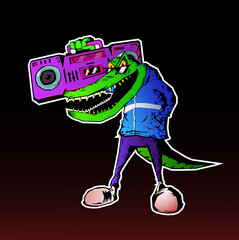 Crocodile style: a cool alligator with a tape recorder and in a sports uniform. Vector character