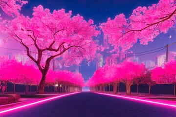 Fantasy Japanese night view city citycape, neon pink light, residential buildings, big sakura tree. Night urban anime fantasy ting downtown background. 3D illustration