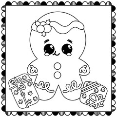 Coloring page of a cute cartoon gingerbread wiht Christmas presends. Vector black and white illustration isolated on white background.