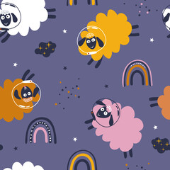 Funny sheep among rainbows. Seamless pattern. Vector illustration