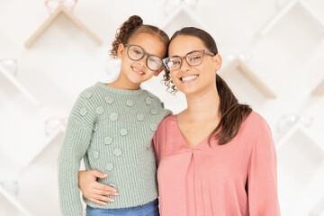 Portrait, mother and girl with glasses for vision, hug and smile being happy for eye care, loving...