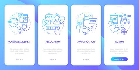 Types of social media interaction blue gradient onboarding mobile app screen. Walkthrough 4 steps graphic instructions with linear concepts. UI, UX, GUI template. Myriad Pro-Bold, Regular fonts used