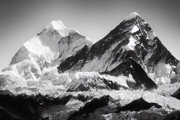 Black and white image of Thamserku mountain peak in Everest Region of Nepal - obrazy, fototapety, plakaty